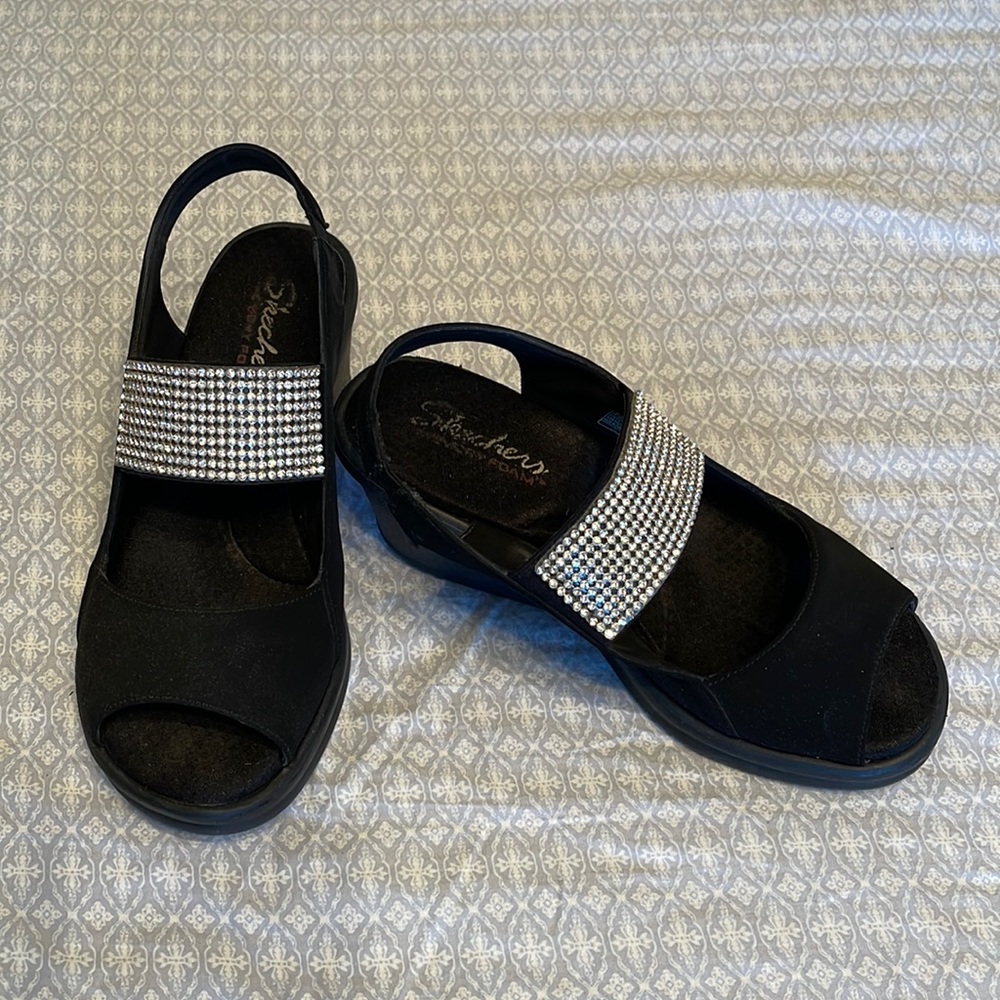 Size 8 Skecher peep toe wedges black with rhinestones